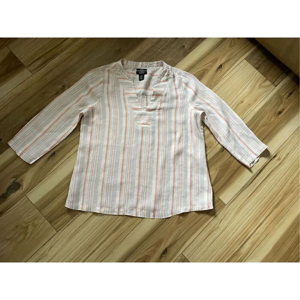 Jones & Co 100% Linen Blouse -Tunic Stripe Orange /Tan Size Small